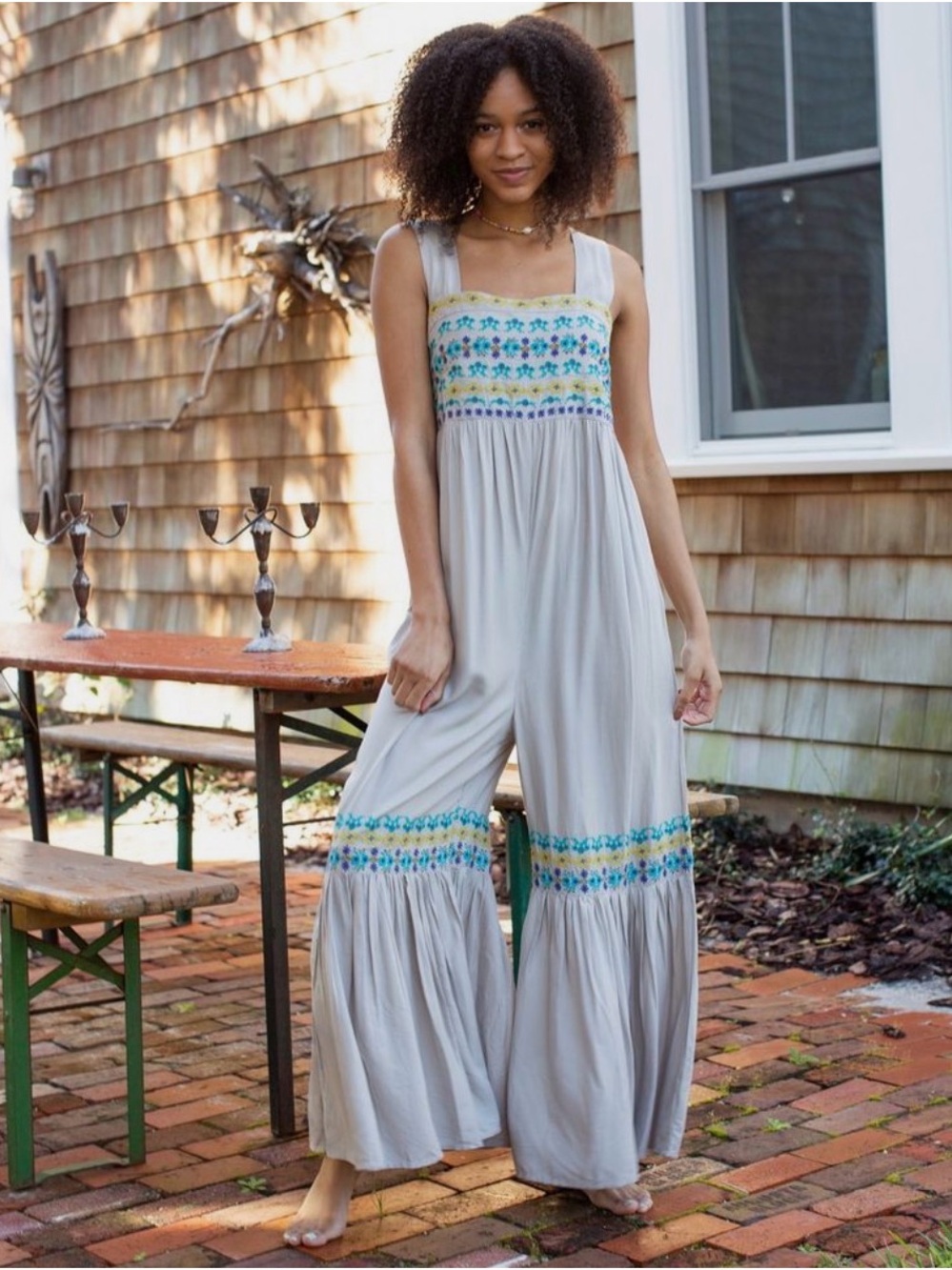 NATURAL LIFE Hannah Light Gray Wide-Leg Embroidered Jumpsuit